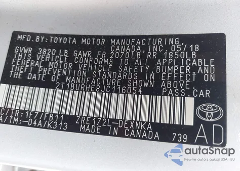 2018 Toyota Corolla Le из США, поврежденный, VIN 2T1BURHE8JC116054